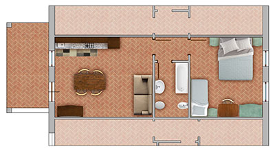Wohnungs-Grundriss: Wohnküche mit Balkon, Bad, Schlafzimmer, jeweils separat begehbar