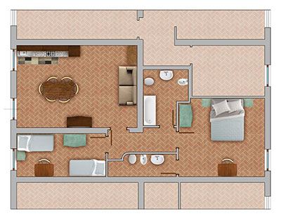 FeWo Grundriss: Wohnküche mit Couch, Schlafzimmer mit Doppelbett und Einzelbett, Schlafzimmer mit 2 Einzelbetten, 2 Bäder