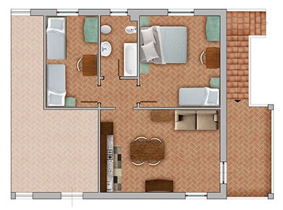 Wohnungs-Grundriss: Wohnküche mit Balkon, Schlafzimmer mit Doppelbett und Einzelbett, Schlafzimmer mit 2 Einzelbetten, Bad.